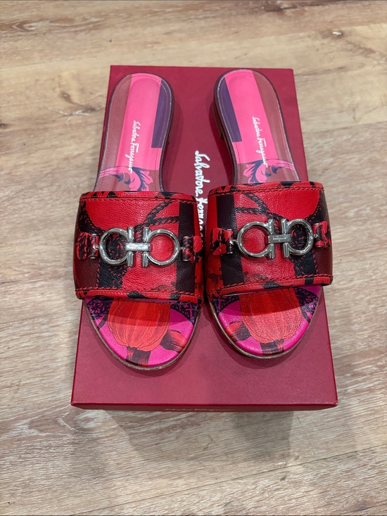Salvatore Ferragamo Shoes - Salvatore Ferragamo Red and Pink Floral Gancini Slide Sandals